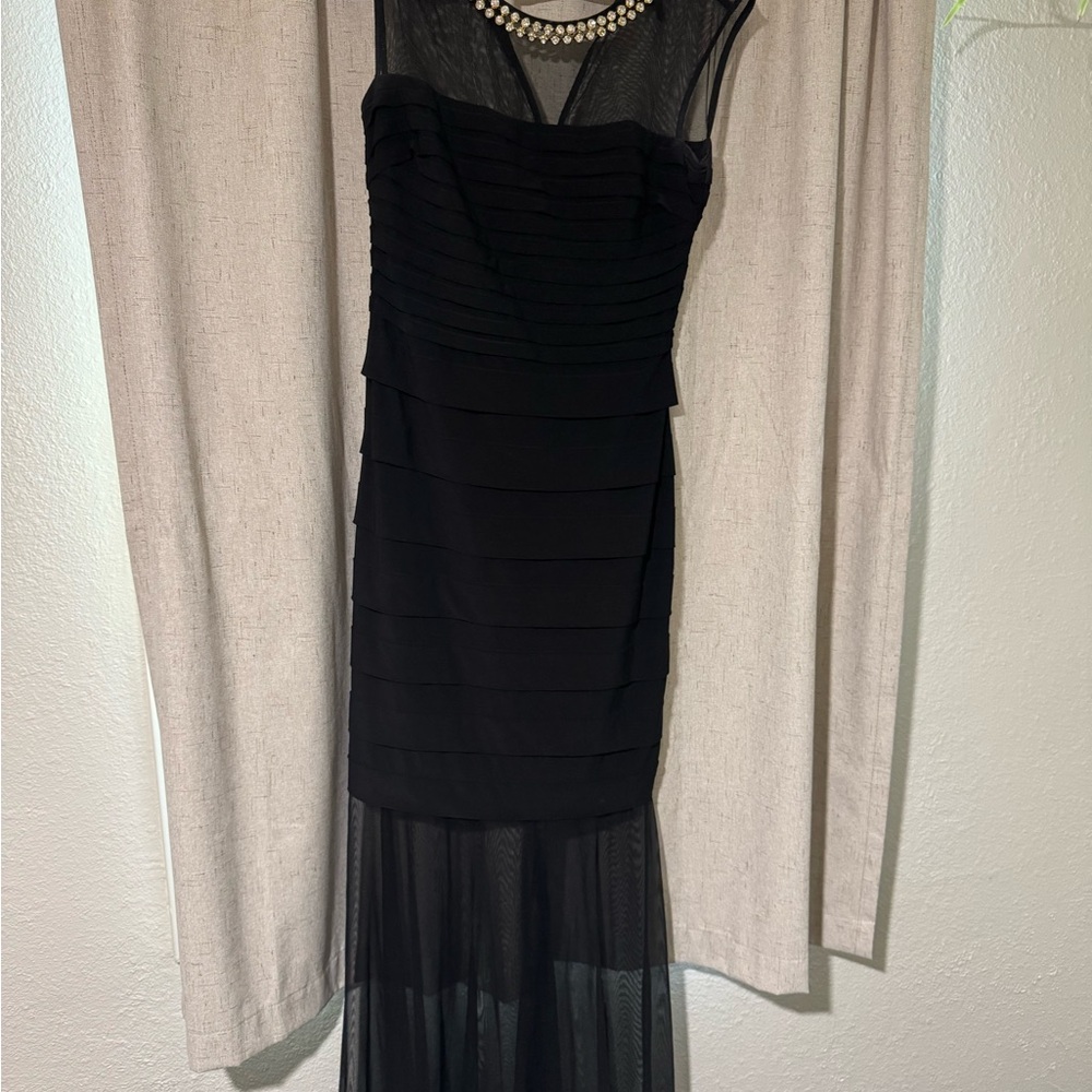 Xscape Black Strapless Dress with Sheer Overlay